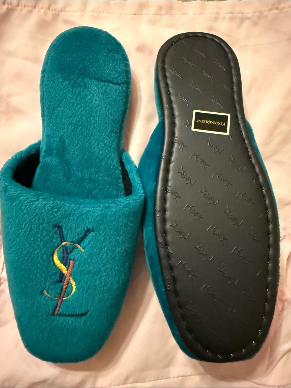 Yves Saint Laurent Vintage Teal Plush Slippers